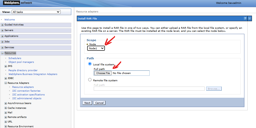 IBM WebSphere Resource adapters - ustawianie danych kroku pierwszego